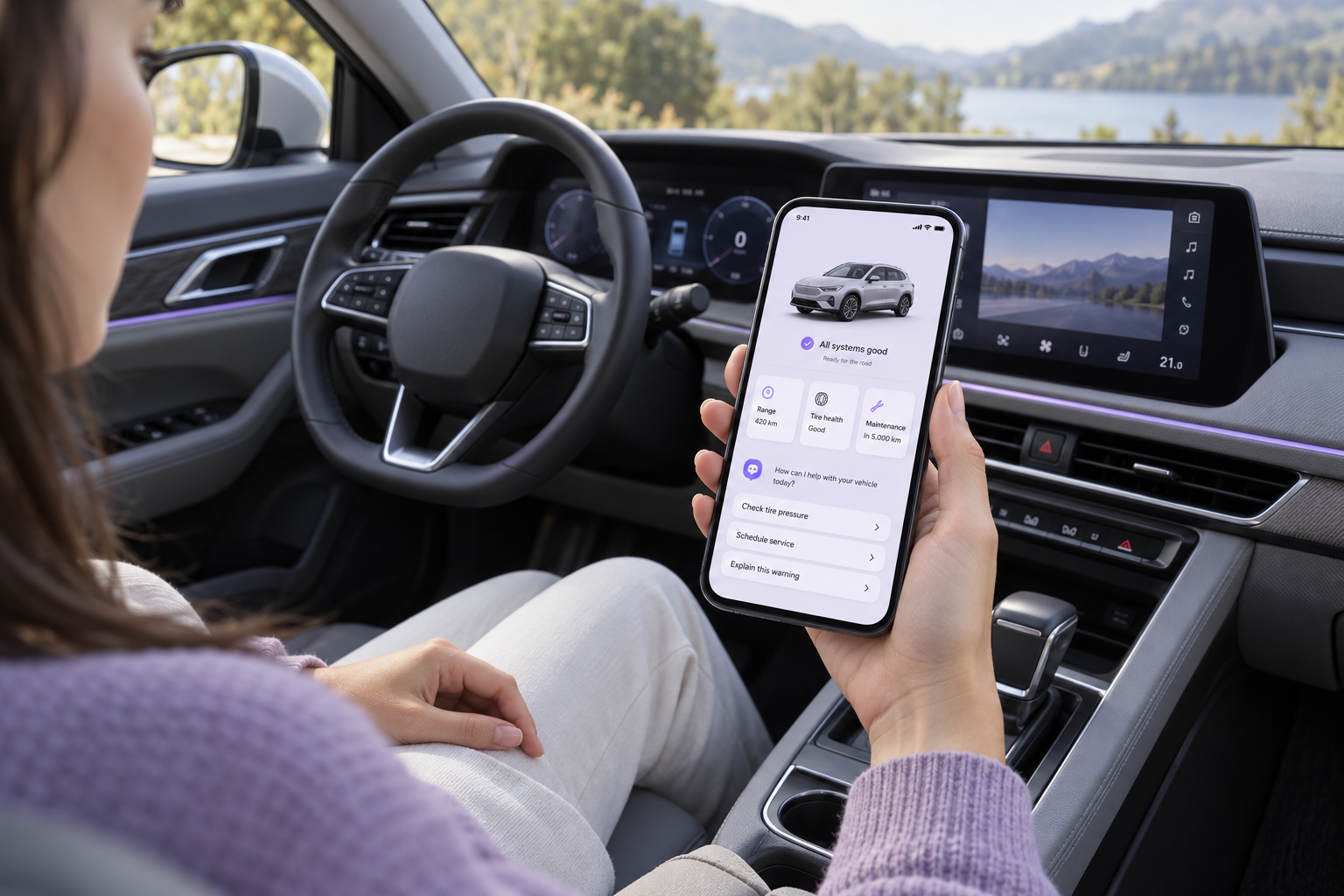Illustrative vehicle companion app on a phone inside a parked car